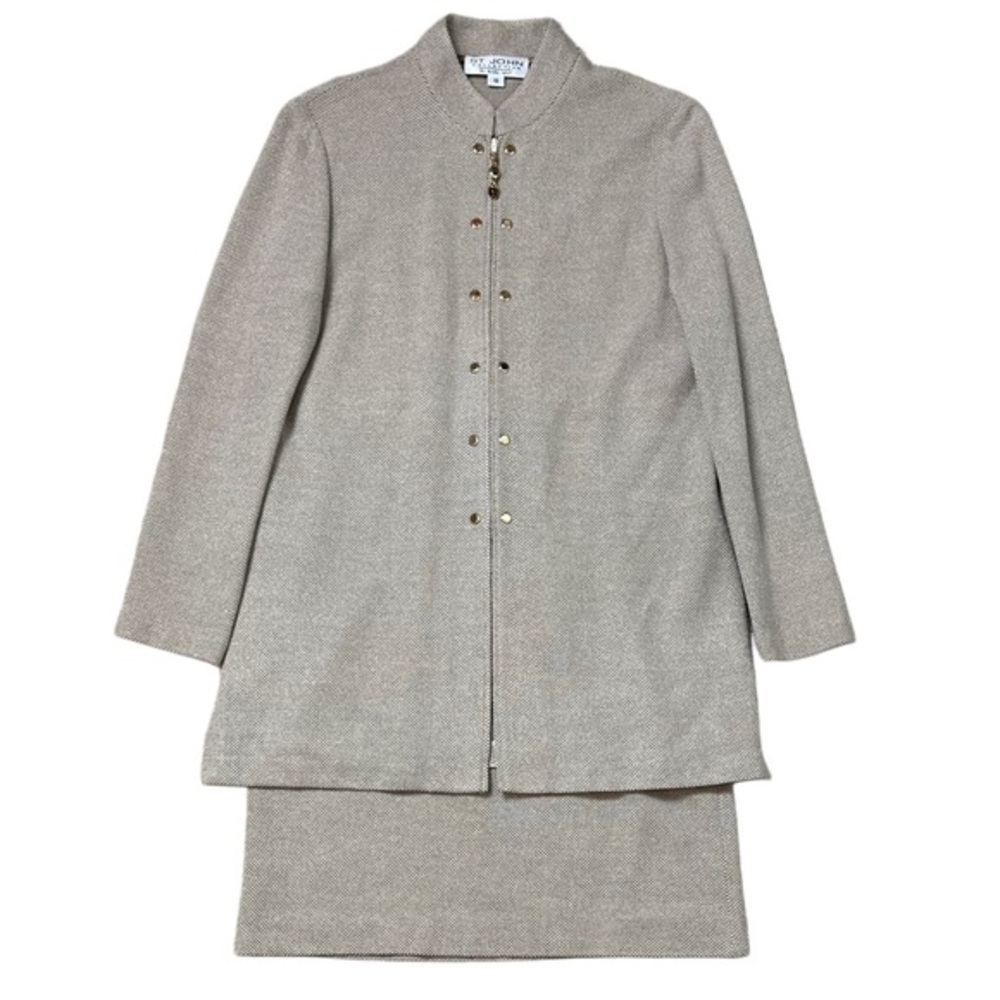 St. John Neutral Beige Tweed Two-Piece Blazer and Skirt Set